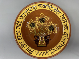 Breininger Redware Pottery Sgraffito Bowl 12&quot; Wide Flowers PA German Script - £148.07 GBP