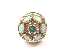 14k Yellow Gold Vintage Women&#39;s Cocktail Ring With Opals And Green Emerald Stone - £1,218.85 GBP