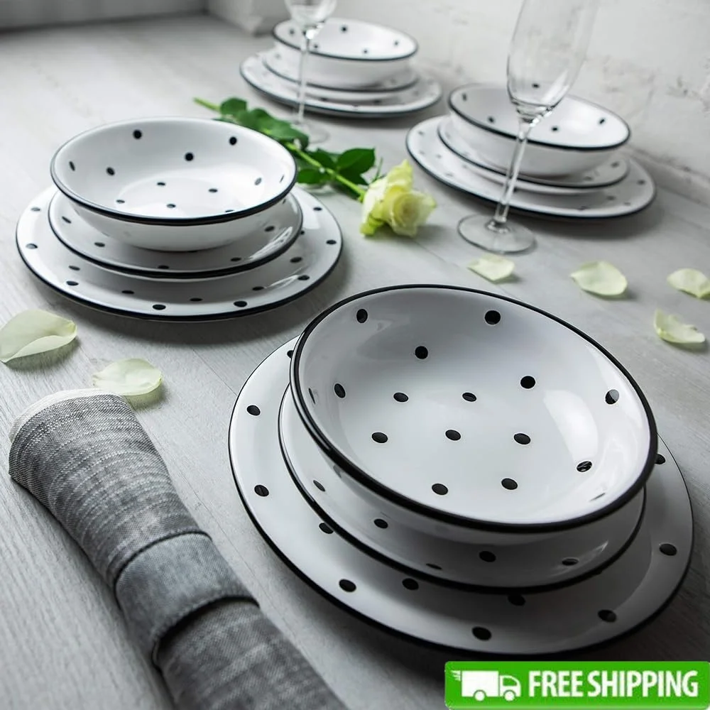 Handmade Polka Dot Ceramic Dinnerware Set 12 Piece Pottery Tableware Ser... - $796.74 CAD