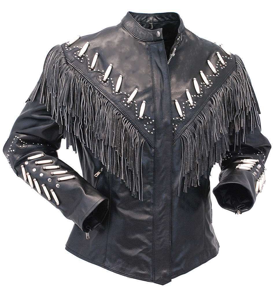 Women's Western Style Black Color Bone Beads Fringed Genuine Leather Jacket