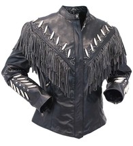 Women&#39;s Western Style Black Color Bone Beads Fringed Genuine Leather Jacket - £140.99 GBP