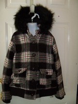 JUSTICE BLACK PLAID COAT W/ Detachable Fur Hood Size 14 EUC - £17.73 GBP