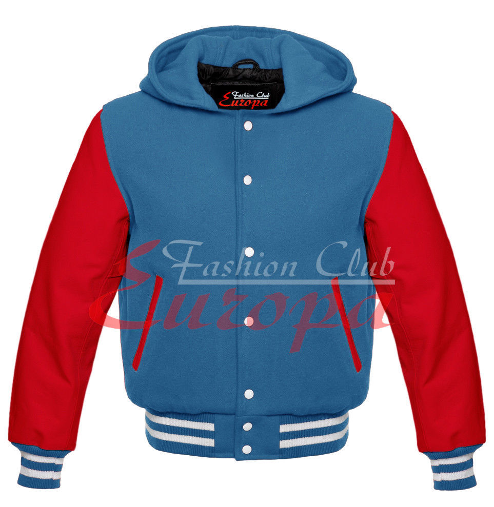 SKY AMERICAN VARSITY JACKET COLLEGE HOODIE LETTERMAN WOOL& REAL LEATHER SLEEVES