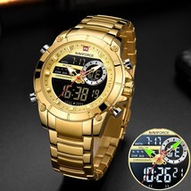 NAVIFORCE Men Military Sport Wrist Watch Gold Quartz Steel Waterproof Dual Displ - £55.08 GBP