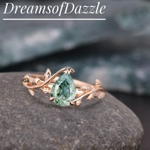 Pear Shape Natural Green Moss Agate Engagement Ring, Moss Agate Leaf Ring - £35.88 GBP