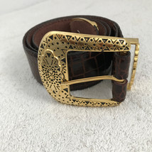 Womens Croc Embossed S Brown Leather Belt Gold Hardware Buckle Western - $18.50