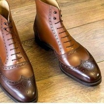 Handmade Men’s Brown Lace Up Boots, Men Leather Ankle High Wingtip Brogue Boots - £118.54 GBP+
