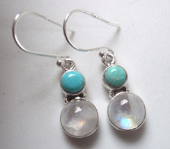 Moonstone and Simulated Turquoise 2-Gem 925 Sterling Silver Dangle Earri... - $16.19