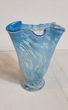 Vintage Hand Blown Art Ruffle Glass Vase Blue Swirl Fluted VTG MCM  - £49.32 GBP