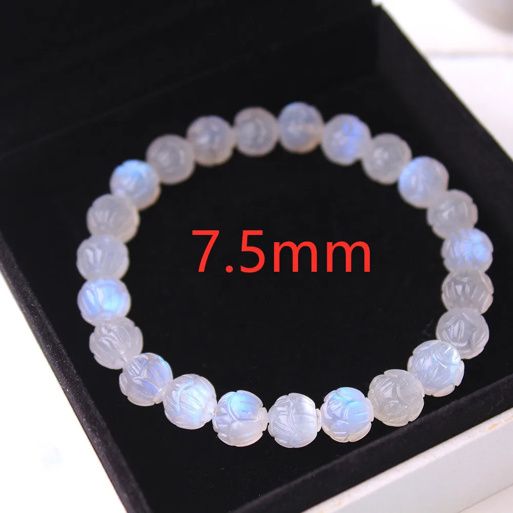 Natural Moonstone Blue Light Crystal Bracelet Clear Round Lotus Carved Beads 8mm - £161.18 GBP