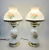Vintage Pair Hurricane Parlor Lamps Milk Glass Gone With The Wind Roses - £73.95 GBP