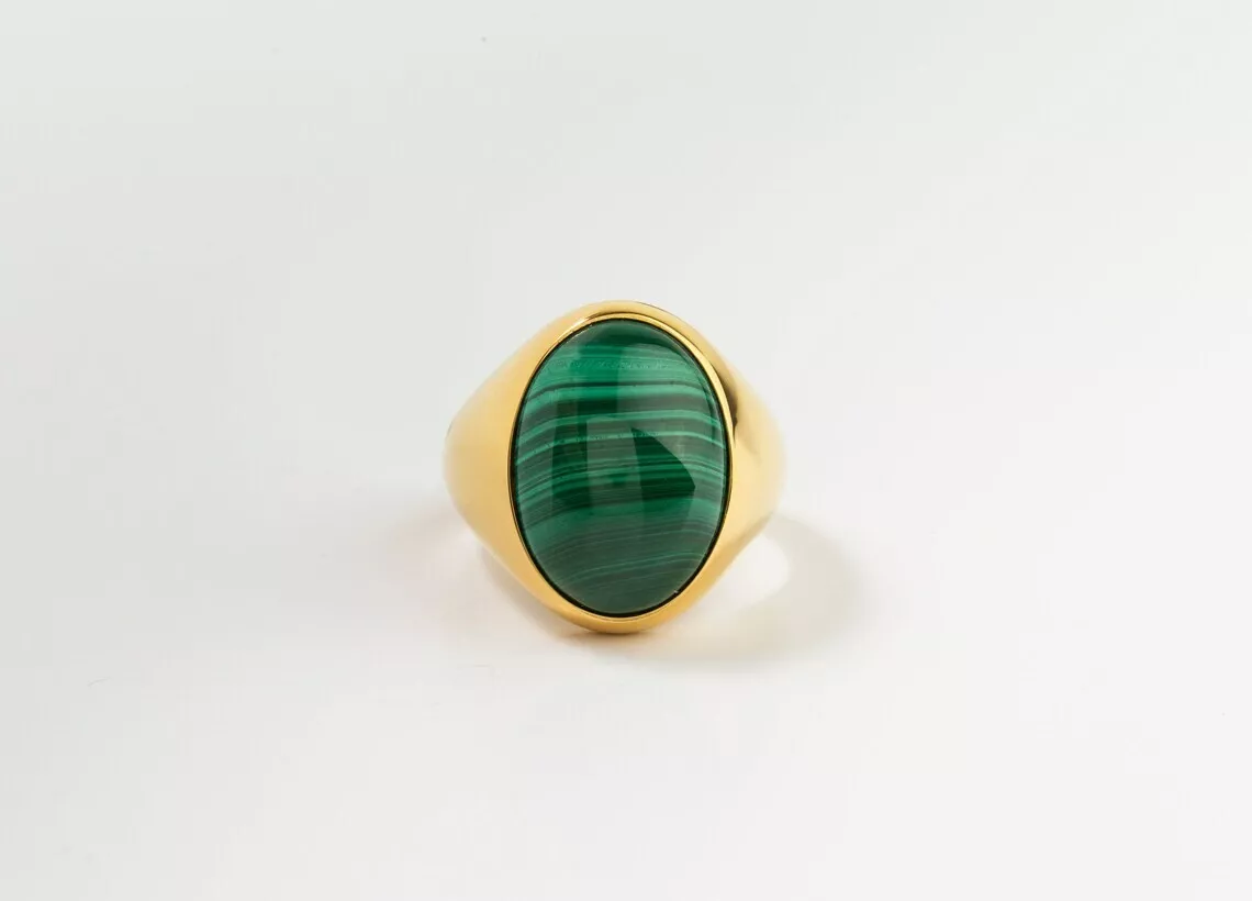 Solid 925 Sterling Silver Natural Malachite Fine Gemstone Gold Plated Men&#39;s Ring - £40.21 GBP+