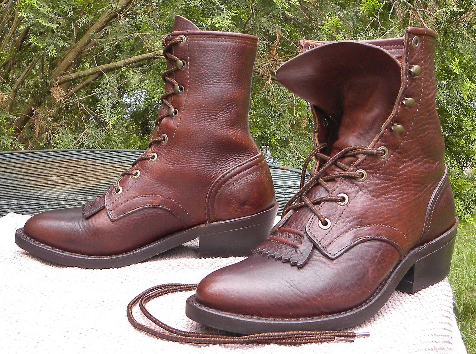 Vintage USA Custom Leather PACKER Western Boots-Mahogany Lace up Kilties... - $133.95