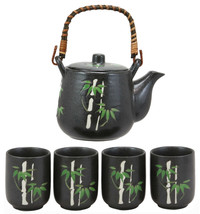China Winter Lucky Bamboo Design Porcelain Black 20oz Tea Pot and 4 Cups Set - £24.98 GBP