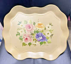 Beautiful Tole Painted Floral Metal Tray Pink Roses Purple Hydrangea 16 ... - $49.01