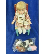 4-Piece Porcelain Doll Set Barnyard with Chair &amp; Plush Animals Vintage - $33.65