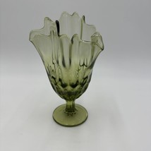 Fenton Vase Glass Colonial Green Thumbprint Handkerchief Compote Ruffled Art - £43.45 GBP