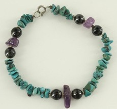 Modern Artisan Jewelry Turquoise Amethyst Gemstone Hematite Beaded Bracelet - $17.66