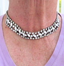Vintage Mid-Century Silver Tone White Crystal Rhinestone Collar Choker N... - $12.86