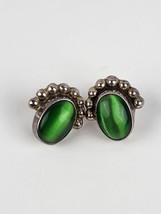 Pair Sterling silver emerald green cats eye earring beaded crown Stud post - £18.70 GBP