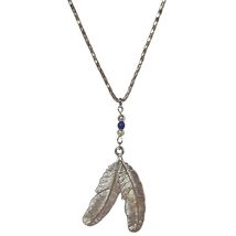 Vintage Art Deco Silver Tone Two Feather Pendant Drop Dangle Indian Neck... - $19.81