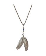 Vintage Art Deco Silver Tone Two Feather Pendant Drop Dangle Indian Neck... - $19.81