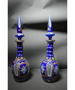 Pair of Antique Bohemian Cobalt Blue Glass Decanters –Hand Painted Flora... - $27,936.39 MXN