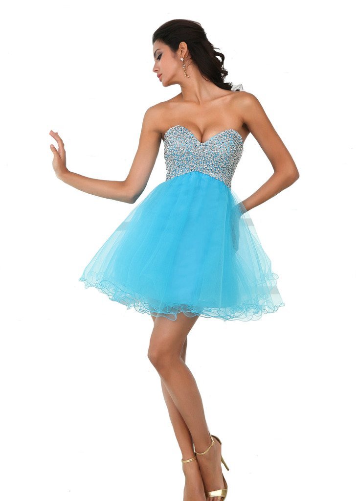 Kivary Women's Sweetheart Short Tulle Beaded Prom Homecoming Dresses Blue US 8