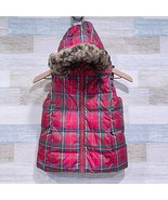 Lands End Christmas Plaid Down Puffer Vest Jacket Red Fur Hood Girls Lar... - $39.59