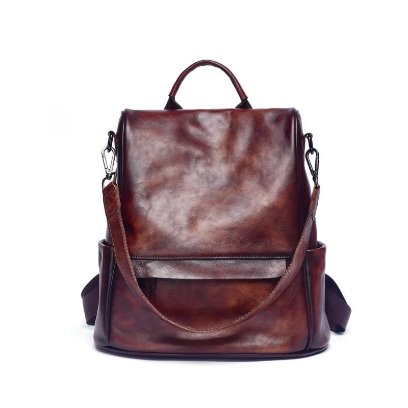  Vintage Large Capacity Women&#39;s Backpacks Anti Theft  Leather Backpack Cowhide W - £70.71 GBP