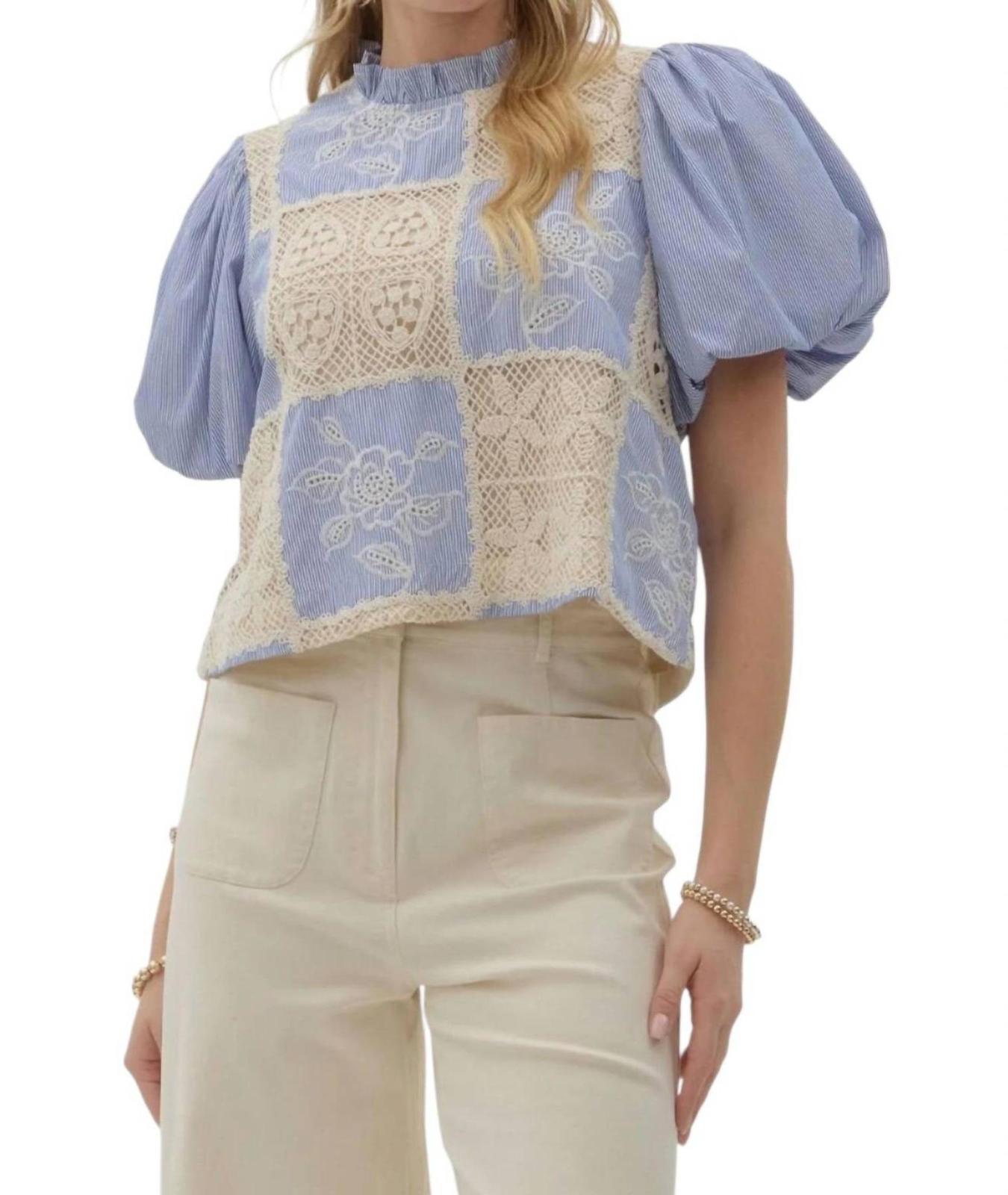 Entro Evie Patchwork Striped Bubble Sleeve Top Blue - $54.00