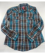 Red Ranch Shirt Womens Small Brown Blue Snaps Western Cowgirl Rodeo Plaid - $26.57 CAD