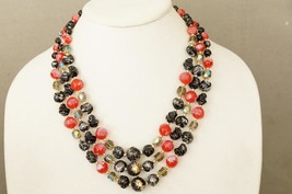 Vintage Costume Jewelry Japan Red Black AB Crystal Fancy Beaded Bib Necklace - £27.80 GBP