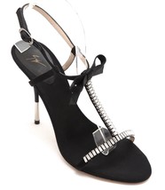 Giuseppe Zanotti Black Sandal Satin Leather Crystal T-Strap Bow Ankle Sz 37.5 - £284.77 GBP