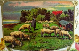 Easter Postcard Sheep Chick Farmland Countryside Rustic View Embossed Original - £11.07 GBP
