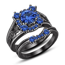 14K Black Gold Finish 1.50 Ct Blue Sapphire Wedding Set Bridal Engagement Ring - £80.34 GBP