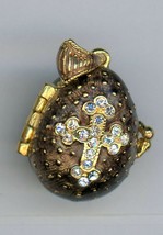 Russian Faux Egg Pendant w/clear Crystal Cross, Brown, gold band opens A... - £27.09 GBP