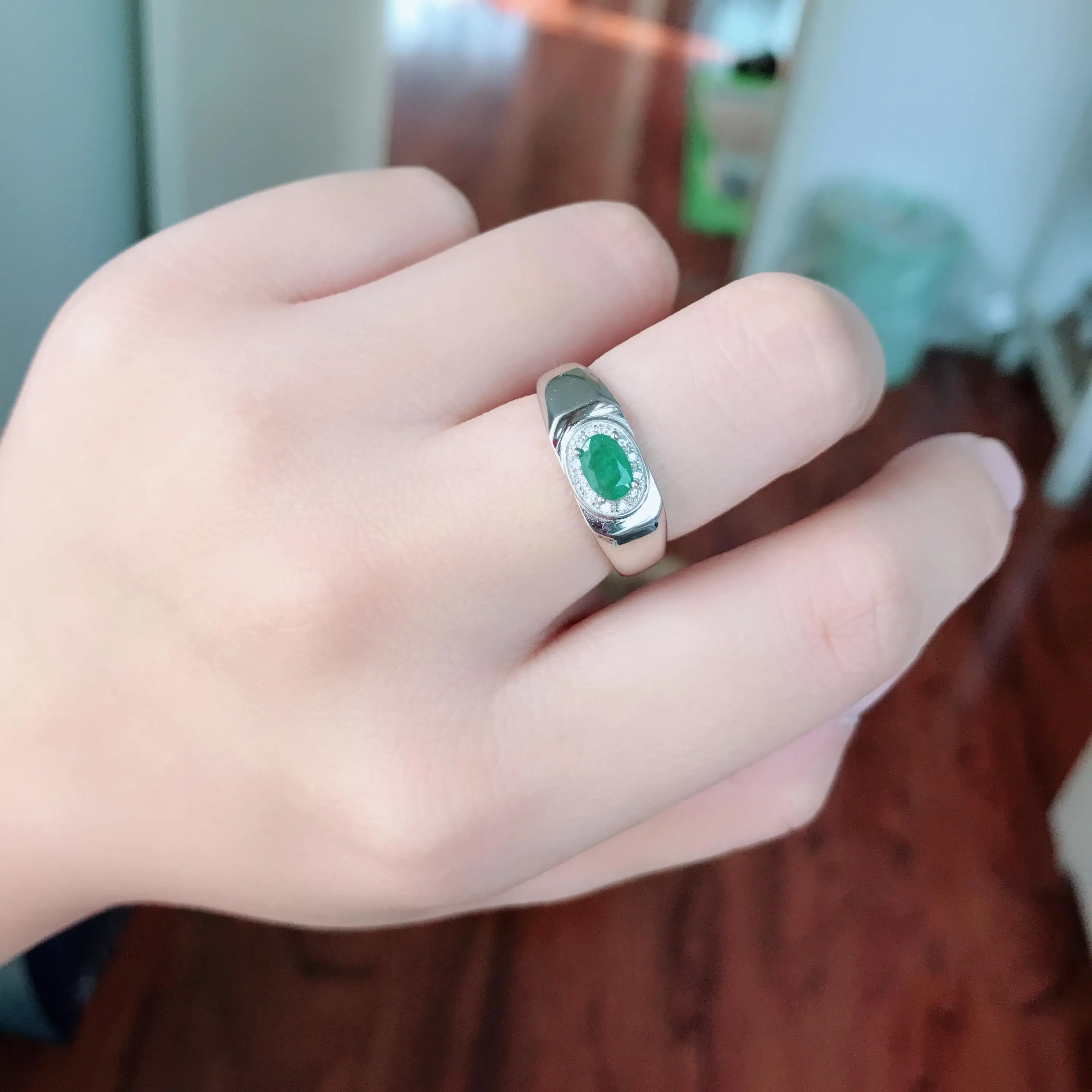 New fashion natural emerald ring 4 mm * 5mm genuine emerald silver ring sterling - £53.01 GBP