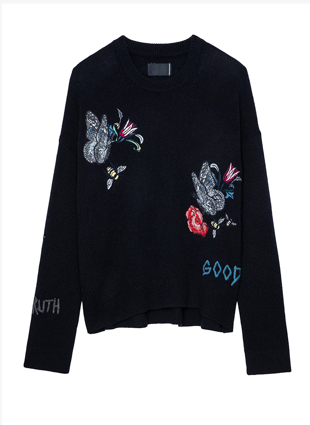 Women's 100% Cashmere Navy Knit Sweater - Embroidered Nature-Inspired Motifs Item image 3