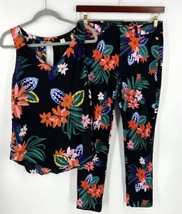 Old Navy Outfit Set Black Red Pink Tropical Floral Tank (M) &amp; Pixie Pants (8) - £31.01 GBP