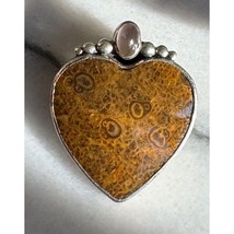 925 STERLING SILVER LEOPARD AGATE AND CAT&#39;S EYE QUARTZ HEART BROOCH/PEND... - £37.59 GBP