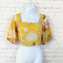 H&amp;M Blouse Women Small Yellow Floral Crop Square Neck Open Back Lace Up Boho Top - £15.97 GBP