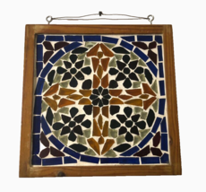 $35 Sun Catcher Window Hanging Decor Art Glass Square Cross Wood Frame Mosaic - £32.45 GBP