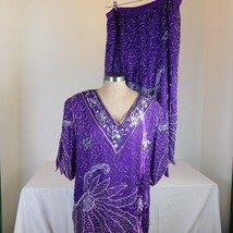 Tan Chho Women Purple Tunic Skirt Set Beaded 100% Pure Silk Size 2X Line... - $145.13