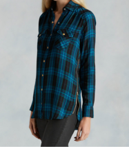 New Womens Designer True Religion XS Plaid Top $169 Black Aqua Blue NW Tunic Zip - £133.32 GBP