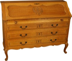 Vintage French Secretary Desk, Quartersawn Golden Oak, Carved, Louis XV ... - $1,609.00