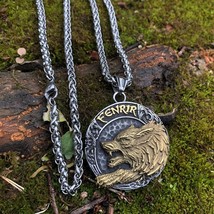 Fenrir Wolf Necklace Gold Silver Stainless Steel Helm of Awe Viking Pendant - £23.56 GBP