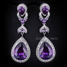 European American Luxury Purple Crystal Earrings Pear Cut Long Drop Women Weddin - £17.42 GBP