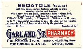 1 Antique Pharmacy Label SEDATOLE (S&amp;D) Garland St. Rexall Pharmacy Bang... - $28.11