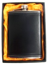 LARGE 8 OZ BLACK LEATHER WRAPPED FLASK IN GIFT BOX bar hip stainless ste... - $9.49